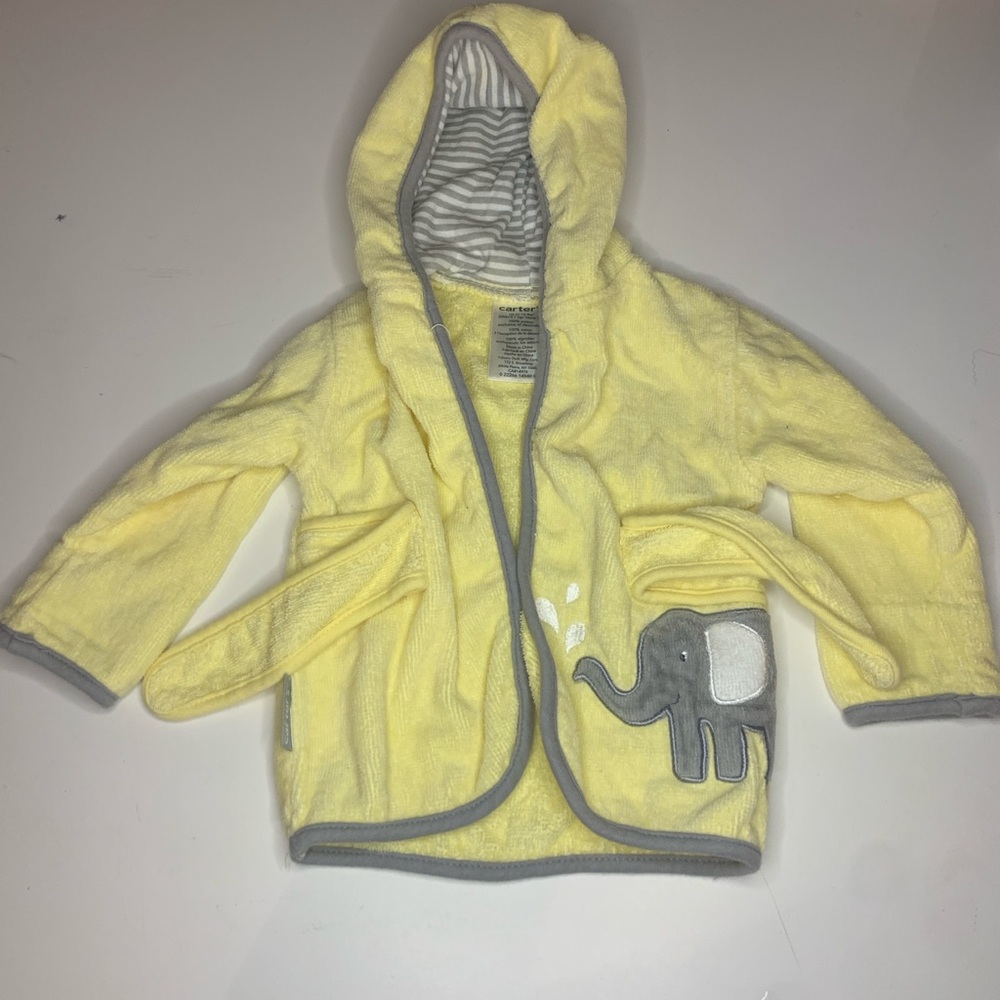 3 for $10 - Carter's Yellow Hooded Baby RobeTowel with Gray Stripes Elephant